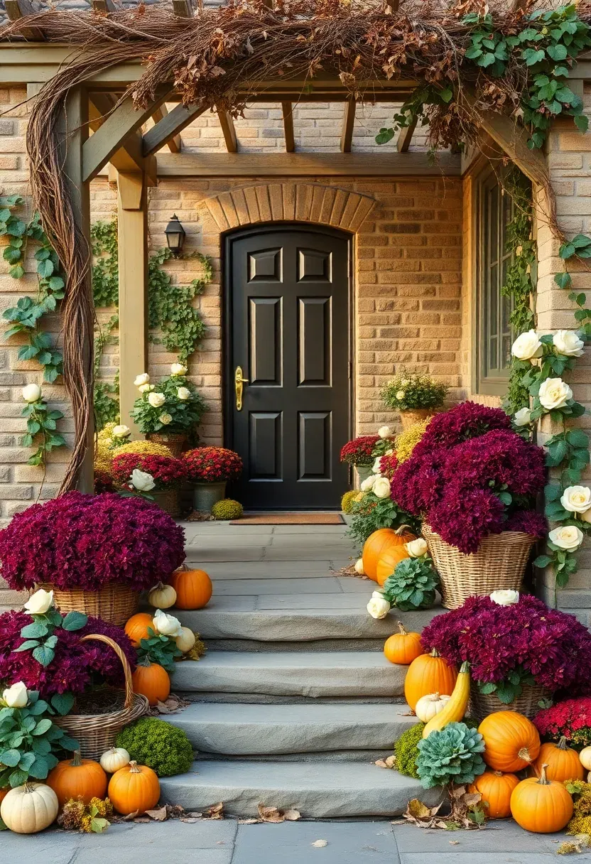 Hyper-realistic wide shot of an English cottage front porch with abundant fall decor. Woven baskets overflow with burgundy and plum mums spilling onto stone steps. An arbor frames the entrance, draped with dried vines and fall foliage. Pumpkins and gourds are mixed with ornamental kale in beds near the porch. Cream-colored roses bloom alongside mums. Stone walls with ivy climbing provide backdrop. Dark wood front door with brass hardware. Soft golden afternoon light with dappled shadows. Visible cottage garden beyond. No text, no logos, no watermarks.</p>