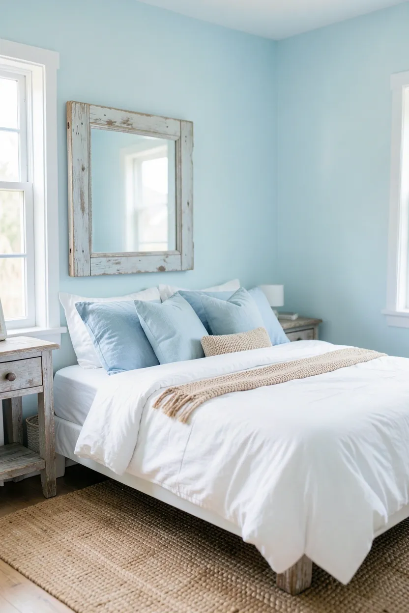 Coastal boho bedroom with soft blue and sandy beige palette, jute rug, driftwood mirror, and breezy white linen curtains