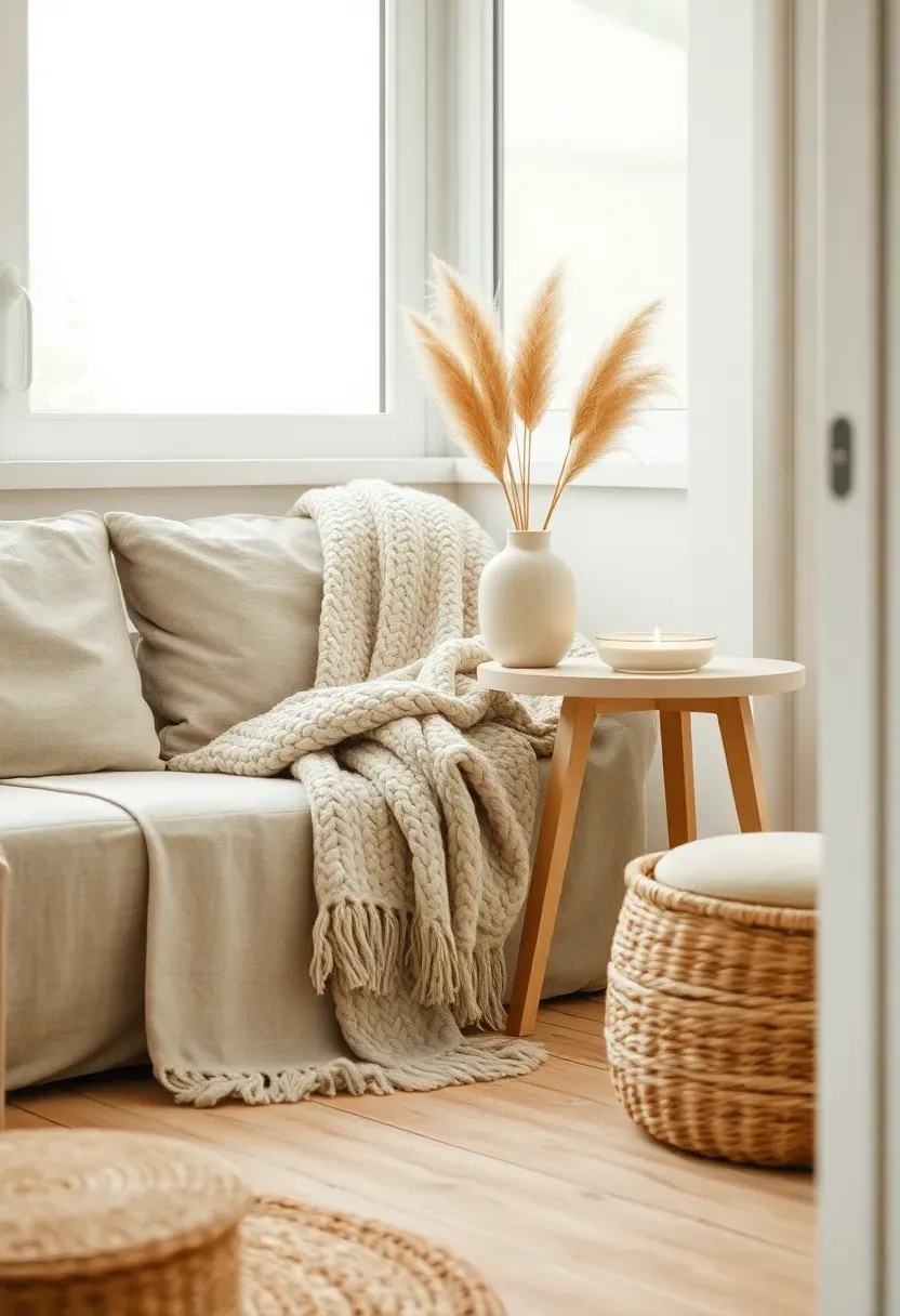 Small sunroom decorated in a tonal cream and beige palette, textured linen sofa, chunky wool throw, ceramic vase with dried pampas grass, woven basket on the floor, soft diffused light