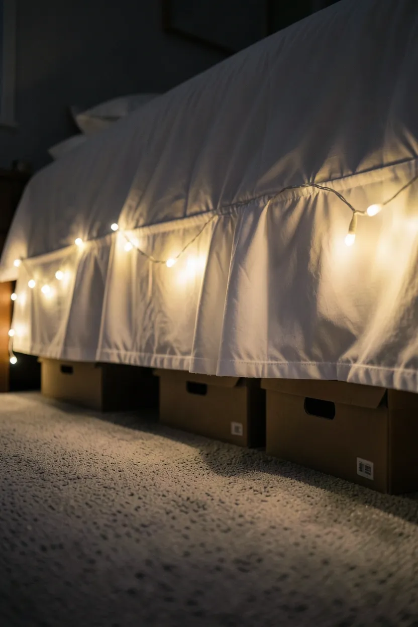 Hyper-realistic low-angle photograph of a bedroom showing the area beneath a white bed skirt. Warm white fairy lights draped around the bed base creating a soft glow illuminating the floor. Grey carpet visible, storage boxes partially visible under bed. Dark room lighting. Materials: white fabric bed skirt, warm LED lights, grey carpet. Cozy magical mood. Shallow depth of field, sharp details on light glow and fabric texture. No text, no logos, no watermarks.</p>