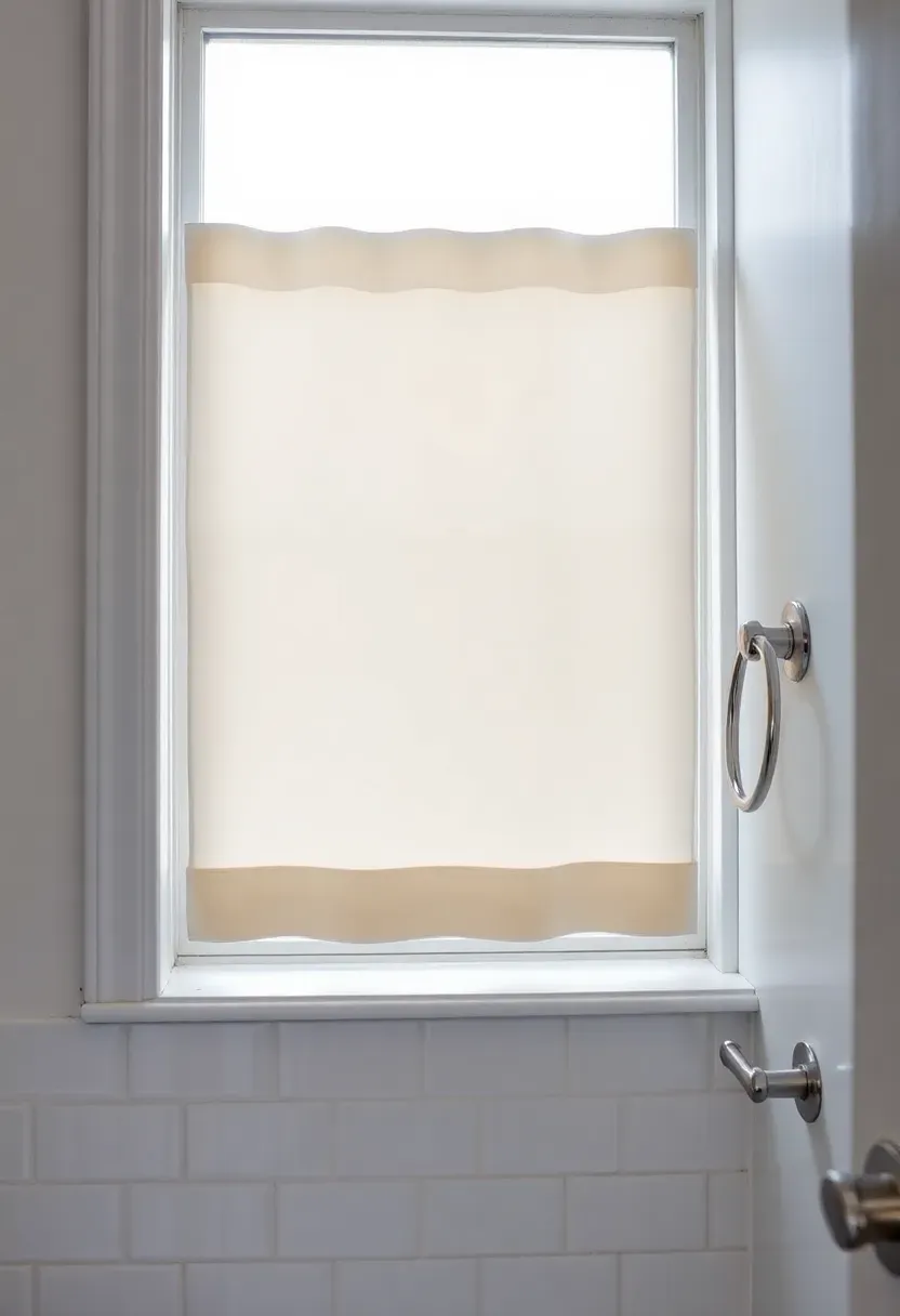 Small bathroom window with waterproof cafe curtains covering the lower half white subway tile wall beside it