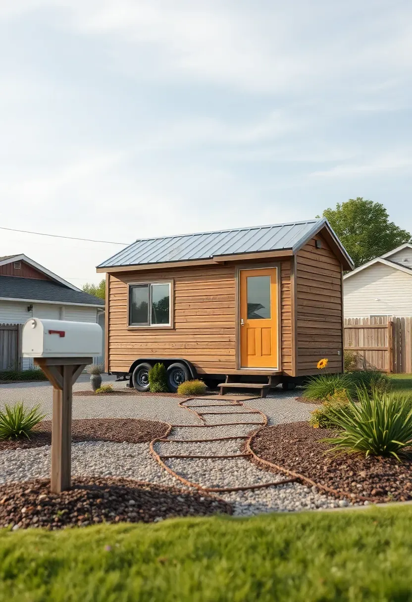 Hyper-realistic exterior view of tiny house on small landscaped lot with visible mailbox and property marker, showing modest but well-maintained property that would have low tax assessment. Materials: tiny house with wood siding and metal roof, small gravel driveway with minimal landscaping, native plants requiring little maintenance, simple pathway to door, visible house number on small post. Soft natural daylight showing property clearly. Shallow depth of field focusing on tiny house and modest lot size, showing how tiny houses minimize taxable property value. Affordable ownership aesthetic. No text, no logos, no watermarks.</p>