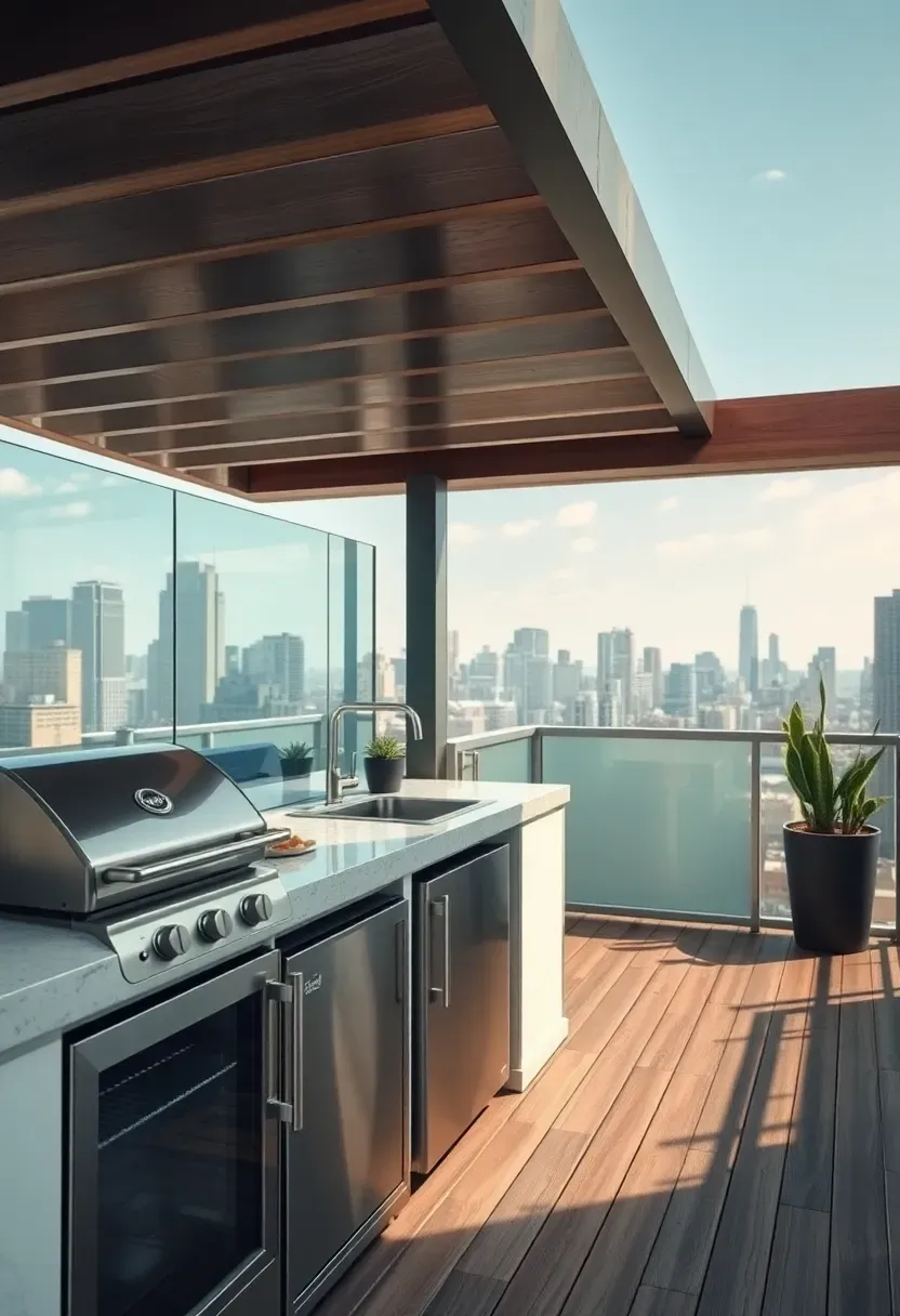 Nature-inspired outdoor kitchen with a living green wall backdrop, raw-edge stone slab countertop, gas grill with stone surround, integrated herb planters, and a small water feature nearby