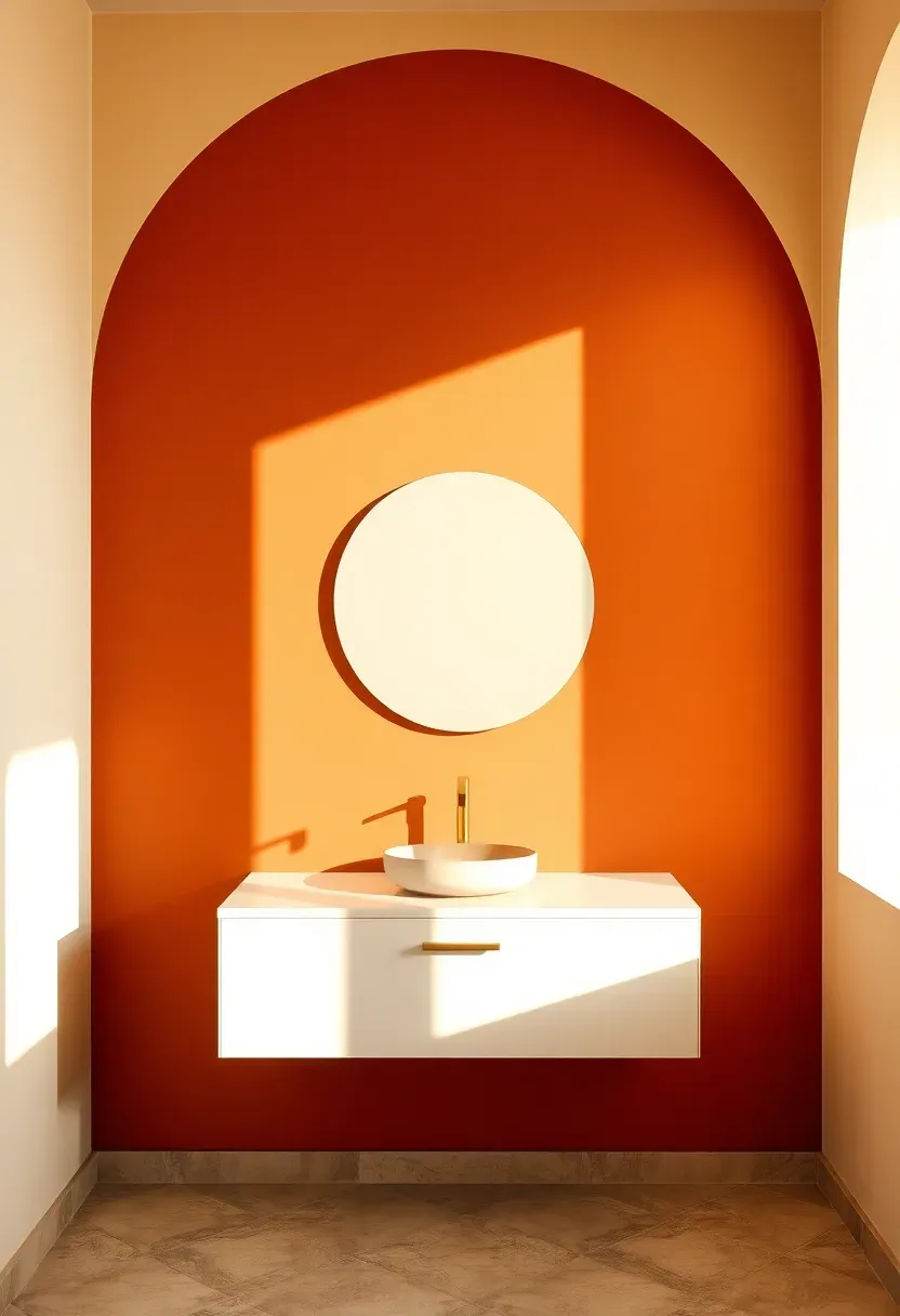 Painted arch mural in dusty terracotta and warm cream tones on a bathroom accent wall behind a round mirror and floating vanity