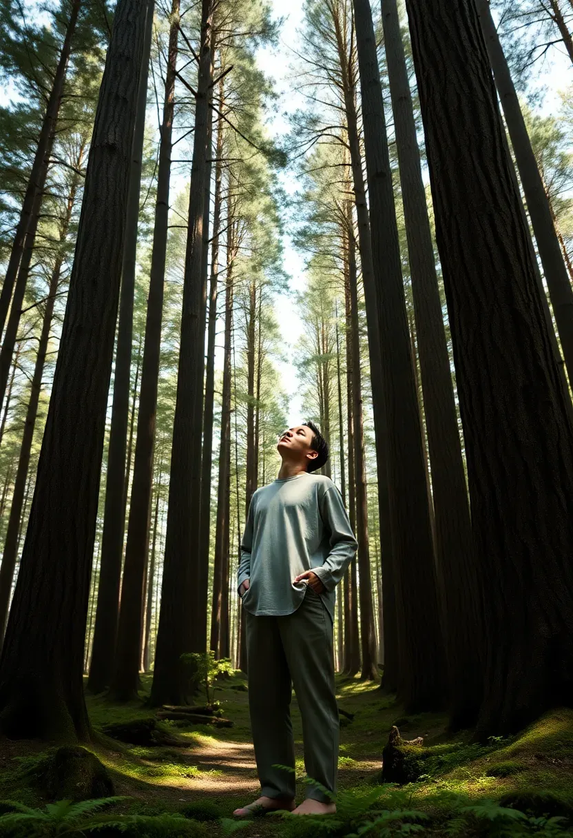Hyper-realistic 3/4 view of a person practicing shinrin-yoku in serene Japanese forest: standing still among tall cedar trees with eyes closed, face tilted upward slightly, absorbing the atmosphere. Materials: person wearing simple muted clothing, visible tree bark texture, dappled forest floor with moss and ferns, filtered sunlight through canopy creating komorebi (light patterns). Natural forest illumination with gentle shadows emphasizing peaceful contemplation. No devices, gear, or modern equipment visible—just human presence in natural environment. Shallow depth of field focusing on person-tree relationship. No text, no logos, no watermarks.</p>