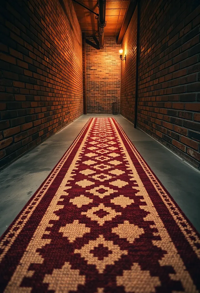 long patterned carpet runner laid on a sealed concrete basement floor with exposed brick walls