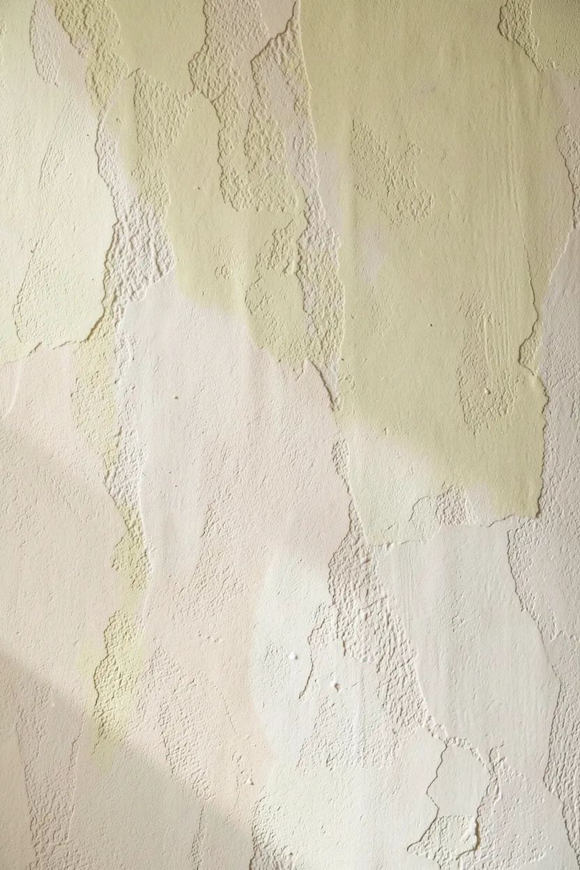 Soft warm-beige lime wash wall finish with subtle organic texture catching light in a calm wabi-sabi bathroom