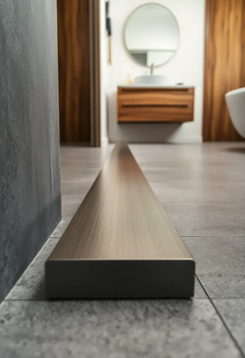 Brushed stainless steel channel baseboard in a contemporary bathroom with large gray floor tiles and floating vanity