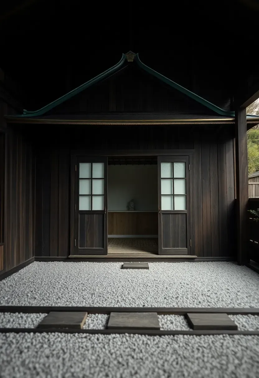 A Japanese-inspired garden shed with dark stained wood, a curved copper roof edge, sliding shoji-style doors, and a raked gravel apron