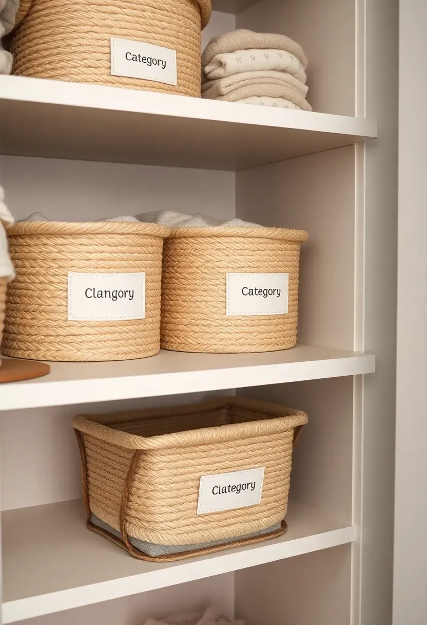 close-up of neatly labeled nursery closet bins and baskets with printed labels reading pajamas, socks, bibs, and burp cloths