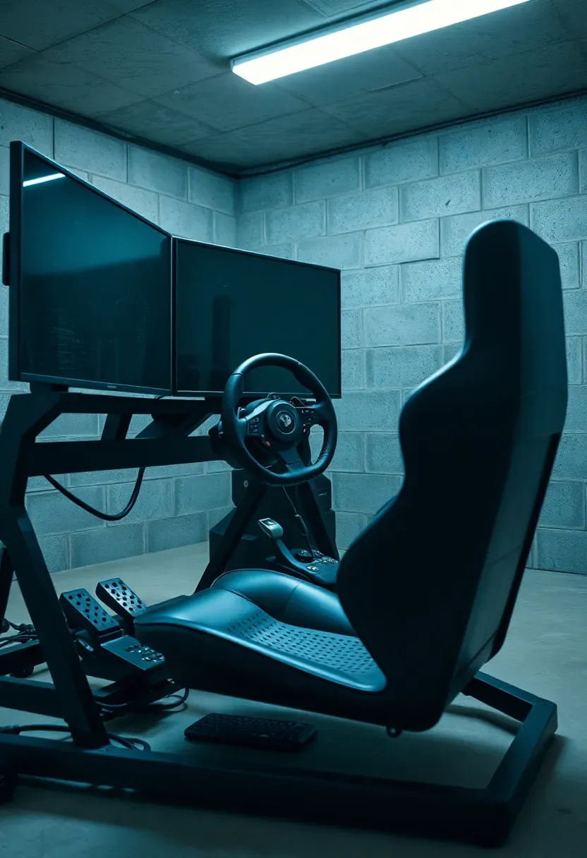 sim racing cockpit setup in basement with triple monitors steering wheel and racing seat