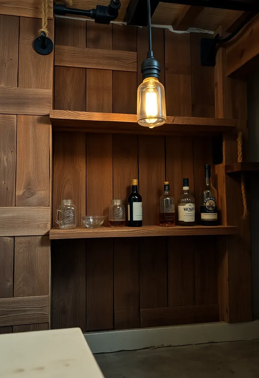 Rustic dry bar built from reclaimed barn wood planks with open shelving, mason jar glasses, and Edison bulb pendant lights