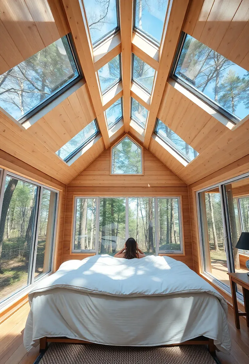 Hyper-realistic interior view of tiny house bedroom loft showing multiple skylights above bed and large windows with forest view, person lying in bed looking up at skylights showing tree canopy and blue sky. Materials: light wood vaulted ceiling with multiple skylights, large windows with forest views visible, white linens, wood floor with small rug. Bright natural daylight streaming through skylights creating dappled light patterns on bed, forest visible through windows showing trees and natural landscape. Shallow depth of field focusing on person in bed with skylights above, forest view visible through windows. Nature connection and natural light aesthetic. No text, no logos, no watermarks.</p>