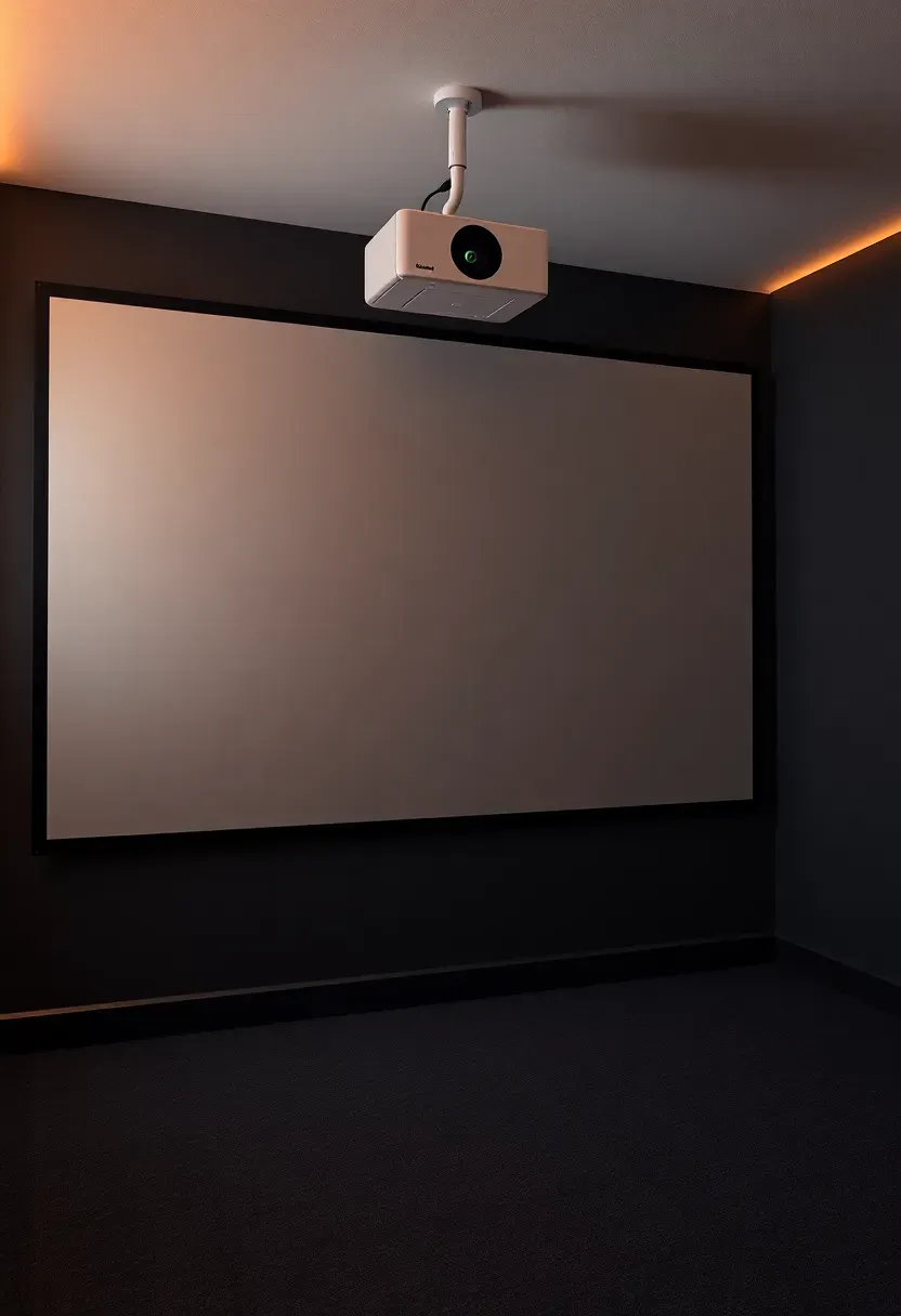 Basement projection wall with a matte gray ambient light rejecting screen surface and ceiling-mounted short throw projector