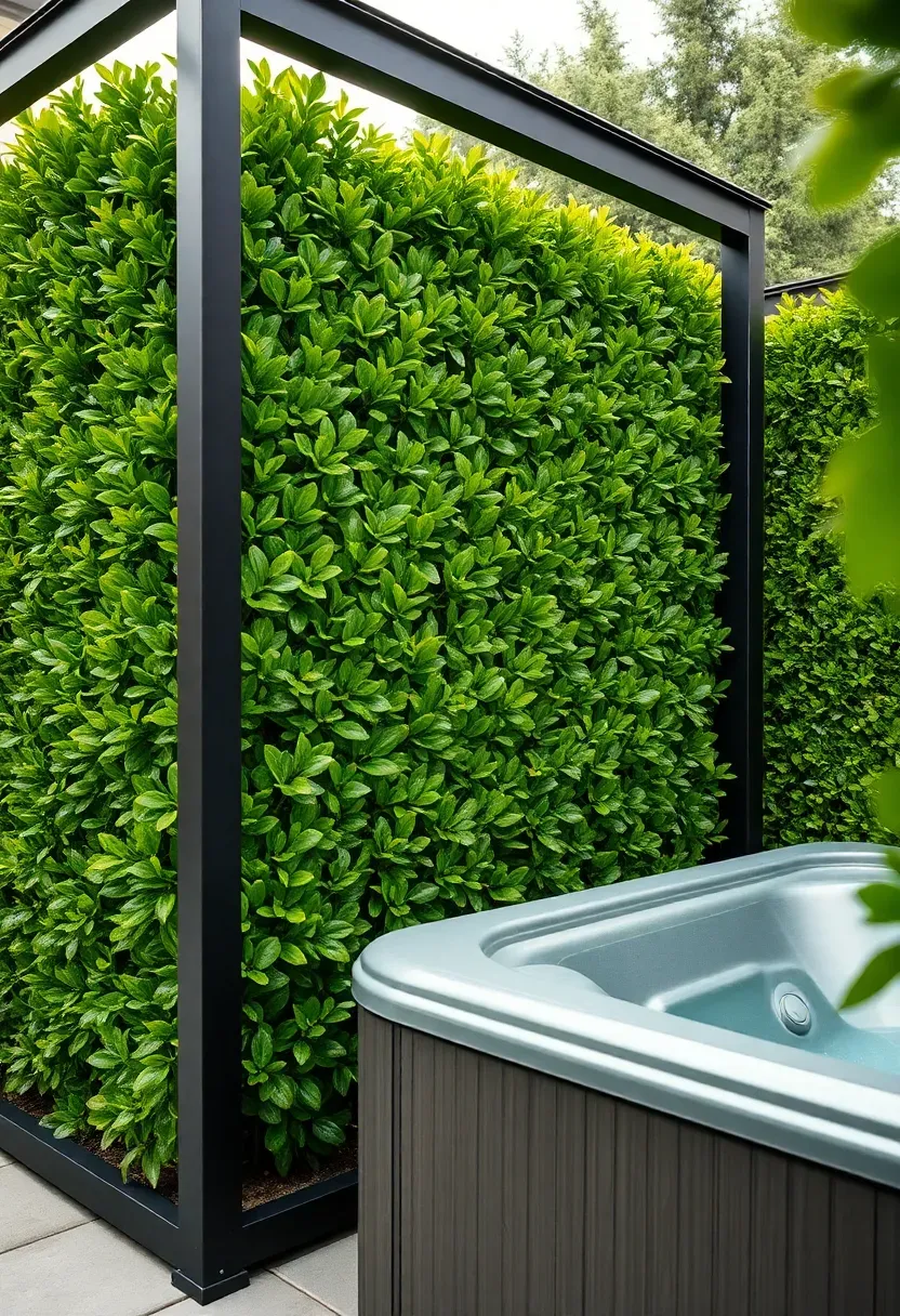 Artificial boxwood hedge panels mounted on a black metal frame creating a bright green privacy screen around a patio hot tub area