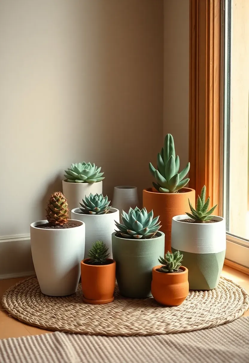 colorfully painted terracotta pots arranged in a sunroom corner with various succulents