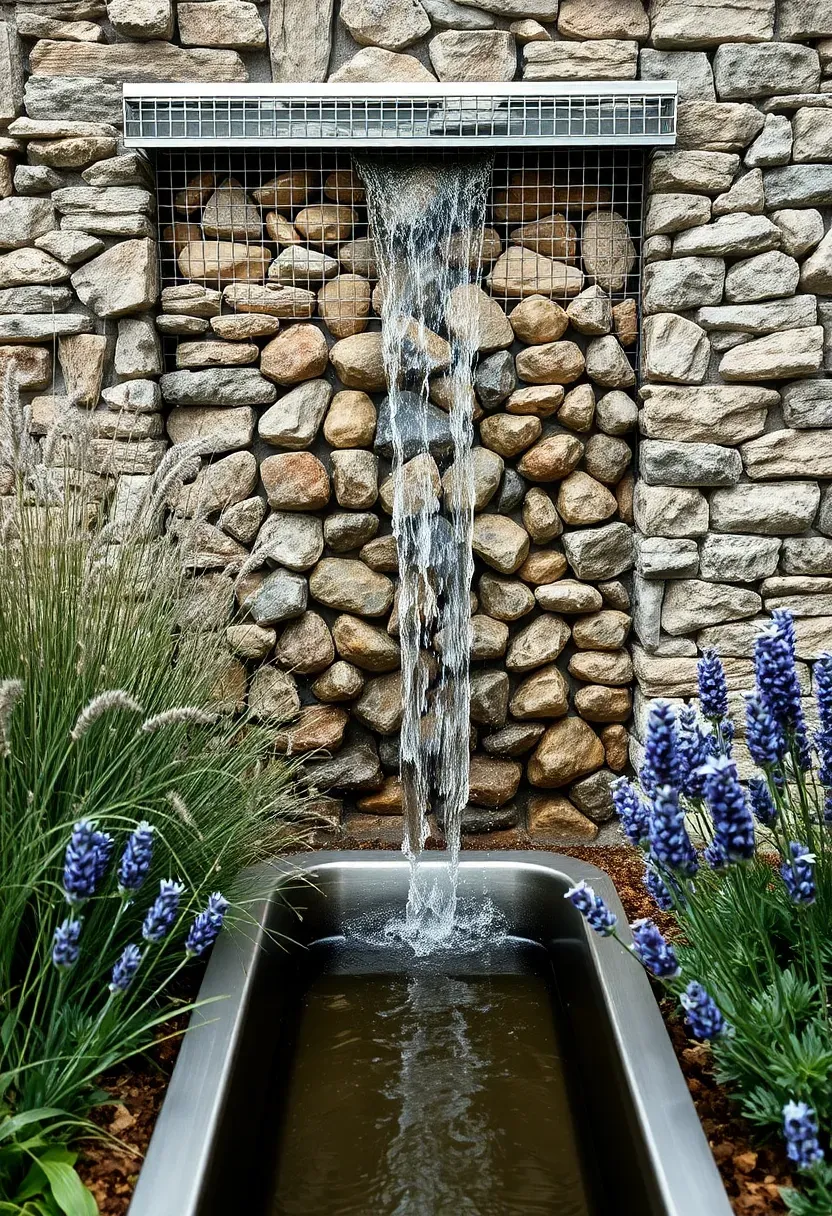 Contemporary gabion wall waterfall with water sheeting over river cobbles in steel mesh into a long narrow rill channel flanked by Karl Foerster grass and lavender