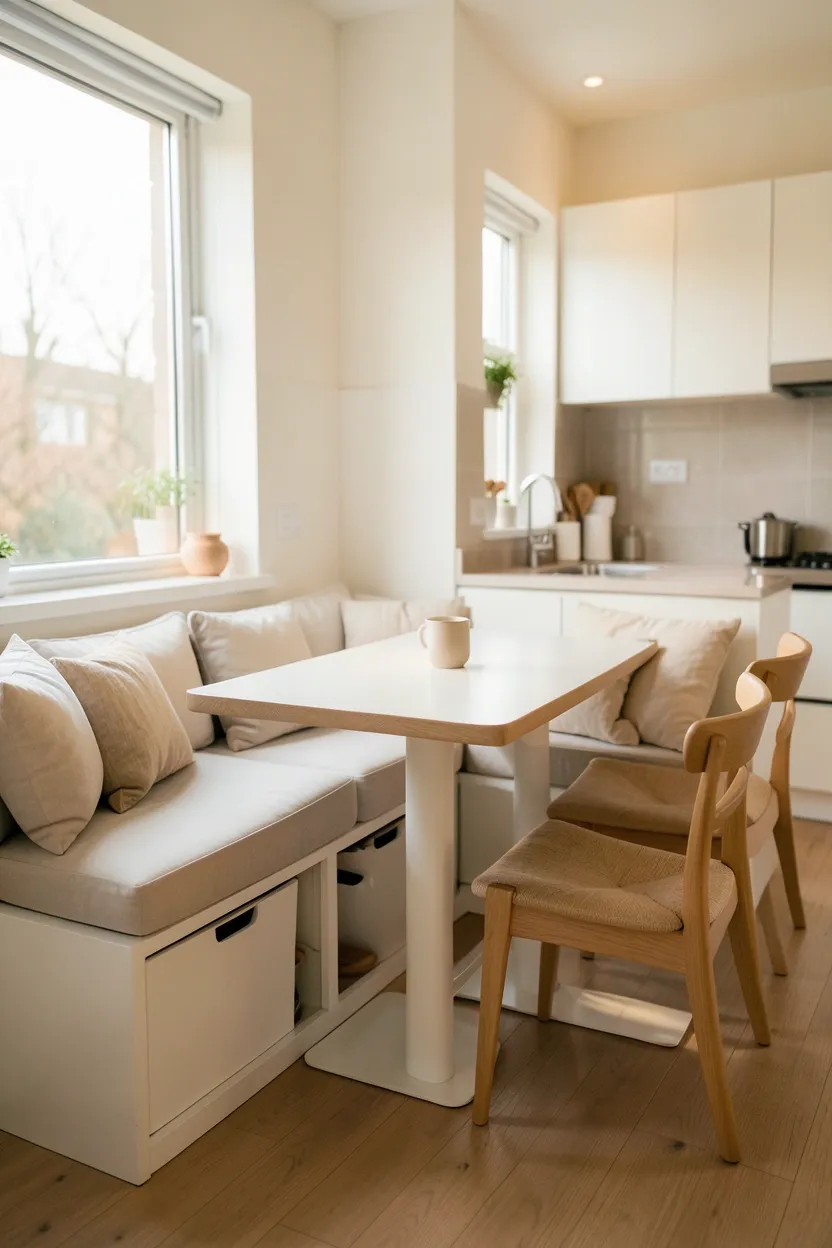 Built-in corner breakfast nook with white banquette seating and hidden storage drawers below — cozy Scandinavian dining nook in a small apartment kitchen