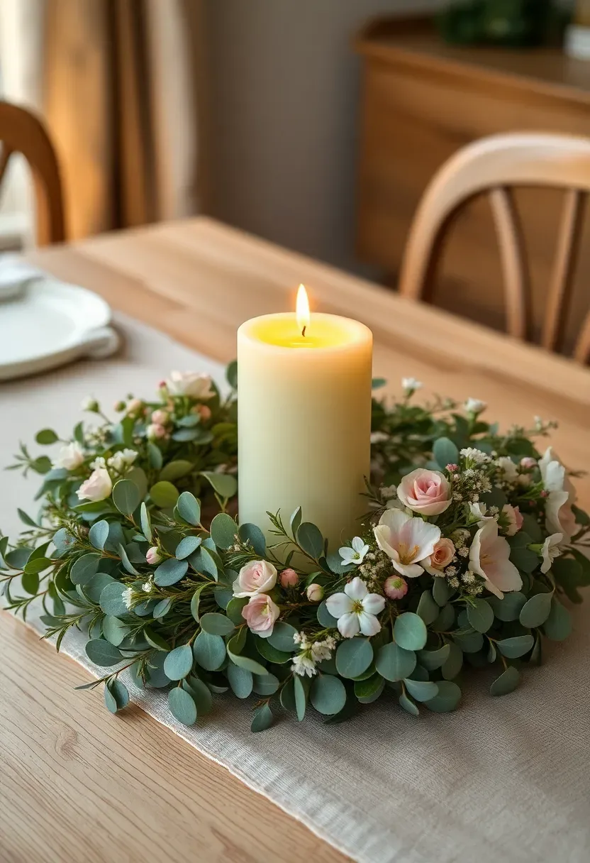 candle ring with spring florals and greenery surrounding a pillar candle