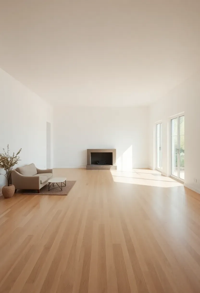 Hyper-realistic wide shot of empty room philosophy. Nearly empty living room with only one or two essential furniture pieces: simple chair or floor cushion, maybe small side table. Vast expanse of empty floor visible. Bare white walls with no artwork. No rugs, no decorative objects. Abundant natural light from windows. Empty space as luxury mood showing how uncluttered volume creates sense of freedom, possibility, and calm rather than deprivation or lack.</p>