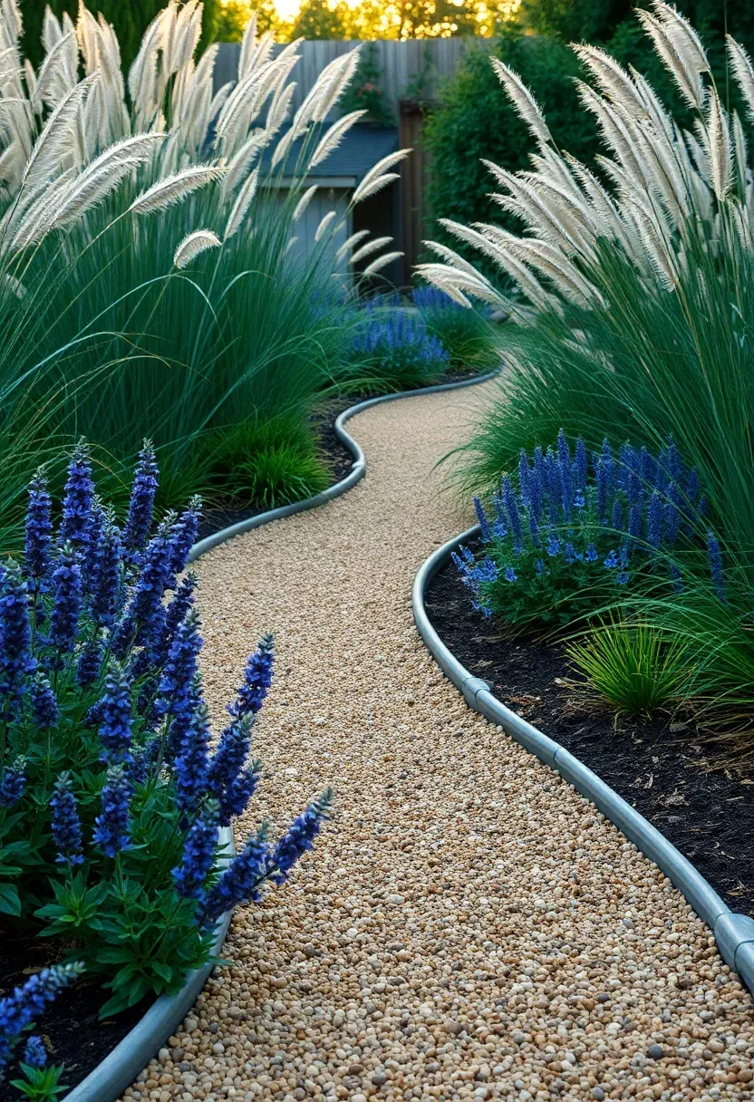Winding pea gravel pathway through a densely planted backyard garden with lavender, salvia, and ornamental grasses bordering both sides