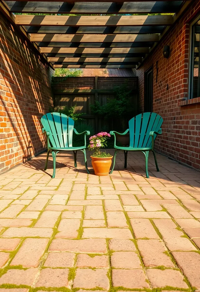 Weathered reclaimed red brick pavers on a rustic backyard patio with vintage metal garden chairs