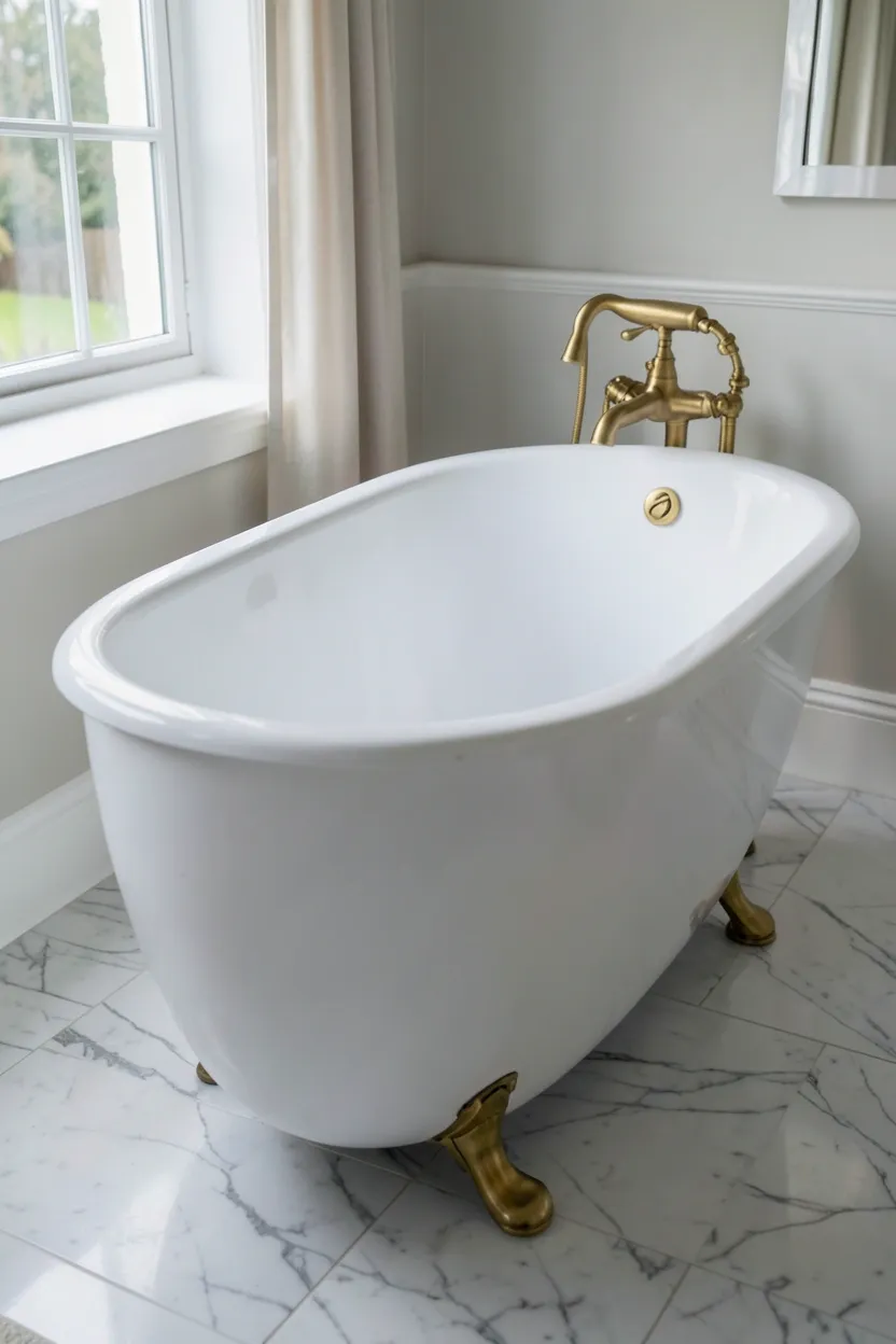 Freestanding oval white porcelain bathtub with floor-mounted brass faucet in a luxury bathroom
