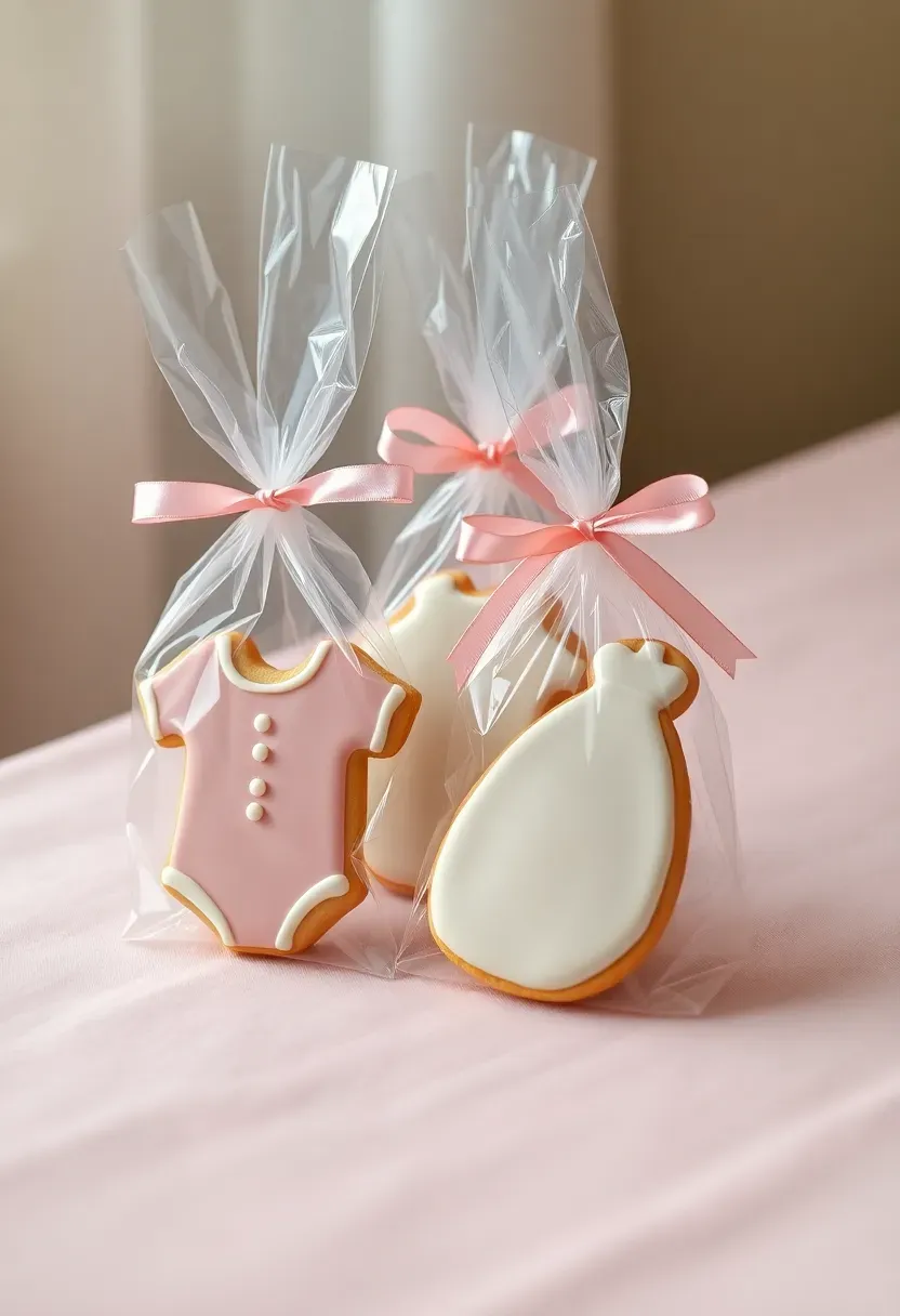 cellophane bags of decorated baby shower cookies with ribbon ties on a pastel display