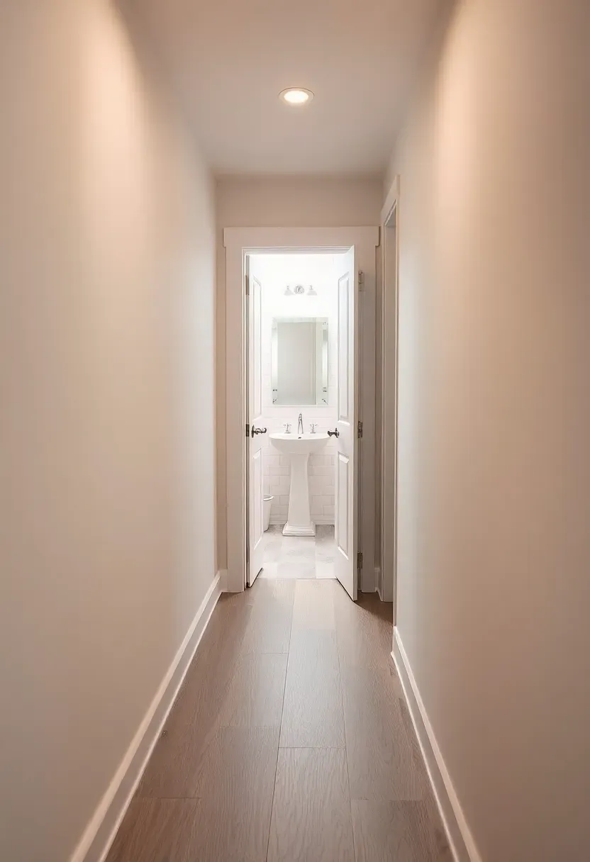 Narrow basement hallway showing a pocket door leading into a small bathroom with white walls