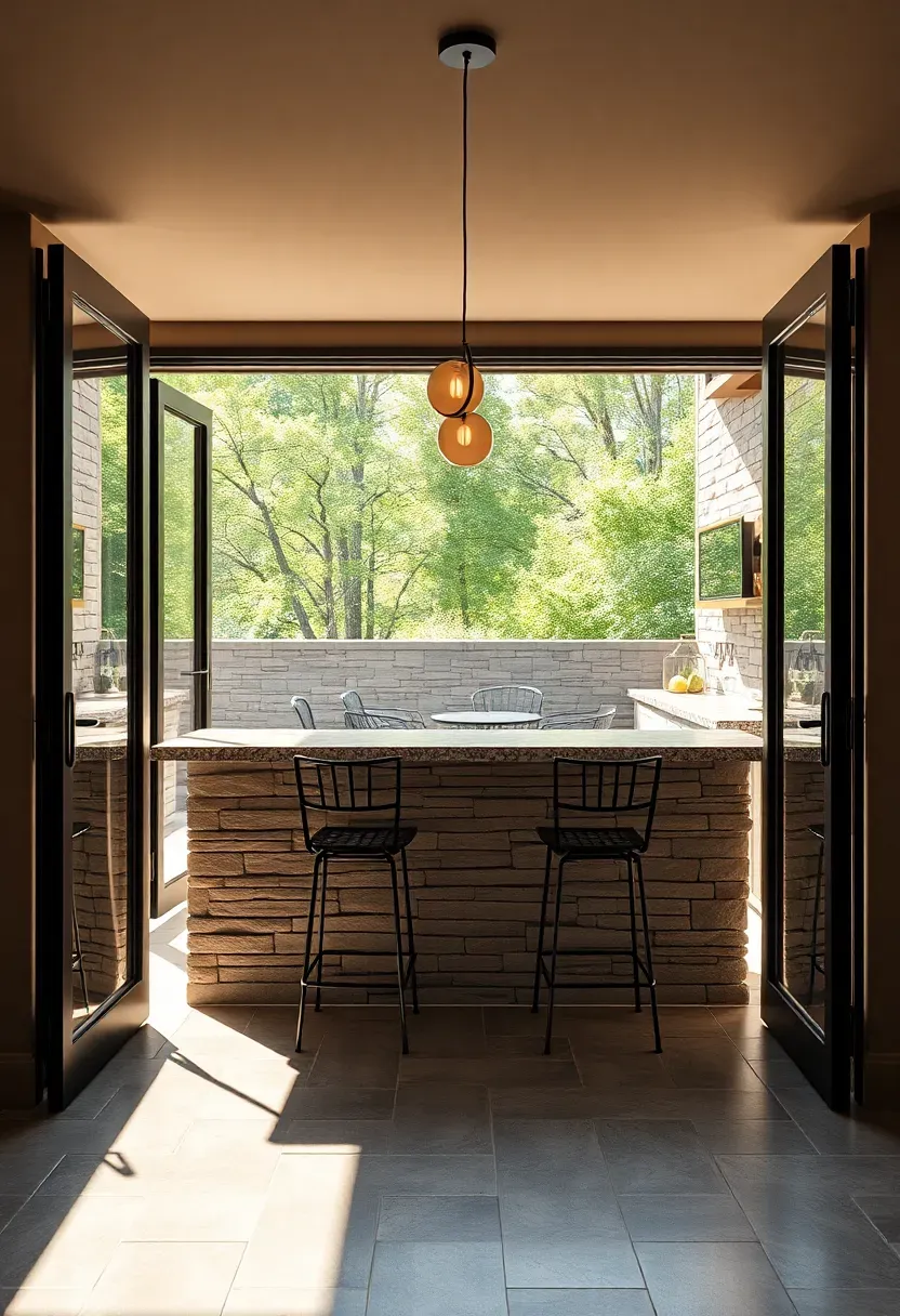 Walkout basement bar with bi-fold glass doors open to a patio, outdoor counter extension, and stone veneer base matching the exterior