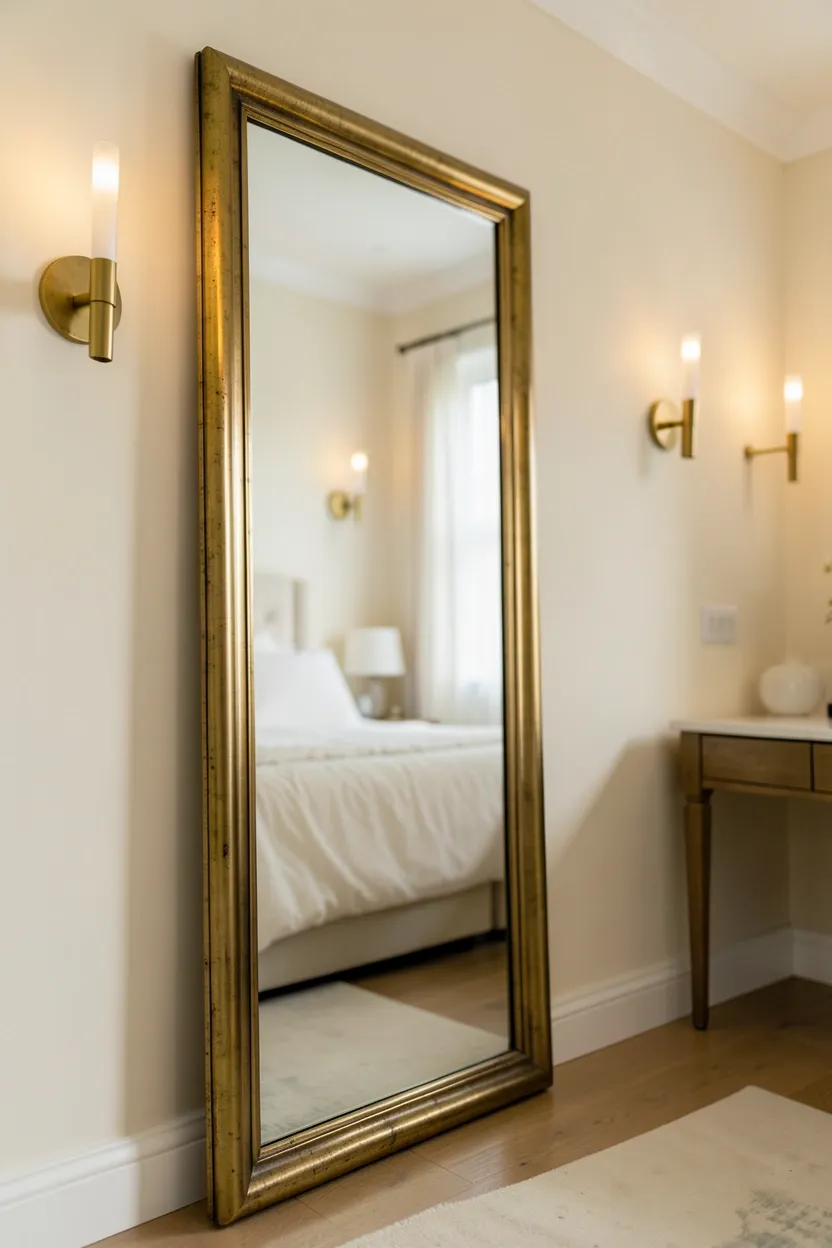 Tall floor-length mirror with a wide antique gold frame leaning against the wall in a stylish luxury bedroom