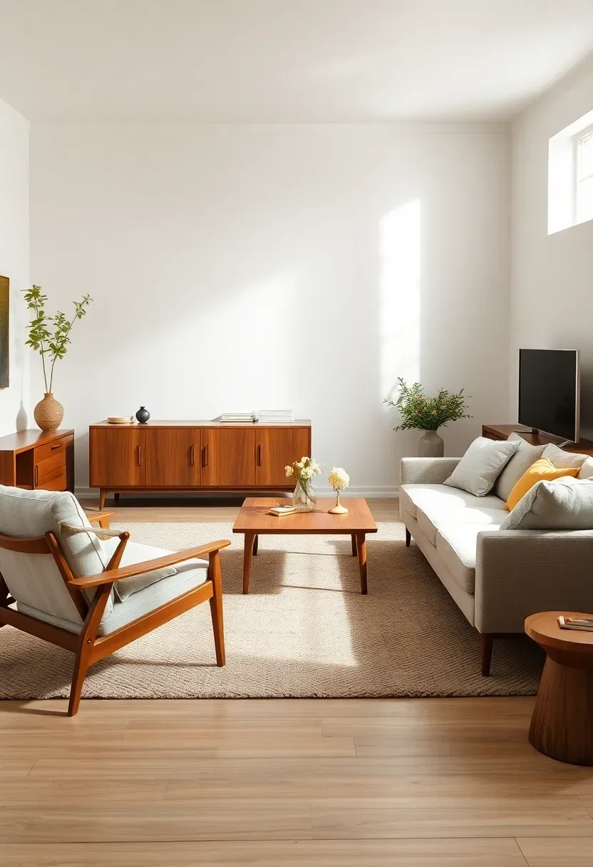 Open-plan seating anchored by a teak coffee table