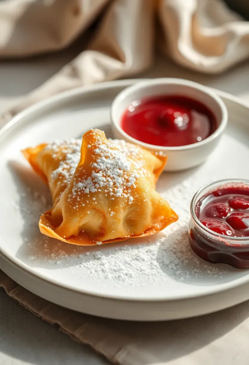 golden fried strawberry cream cheese wontons dusted with powdered sugar on a white plate with dipping sauce