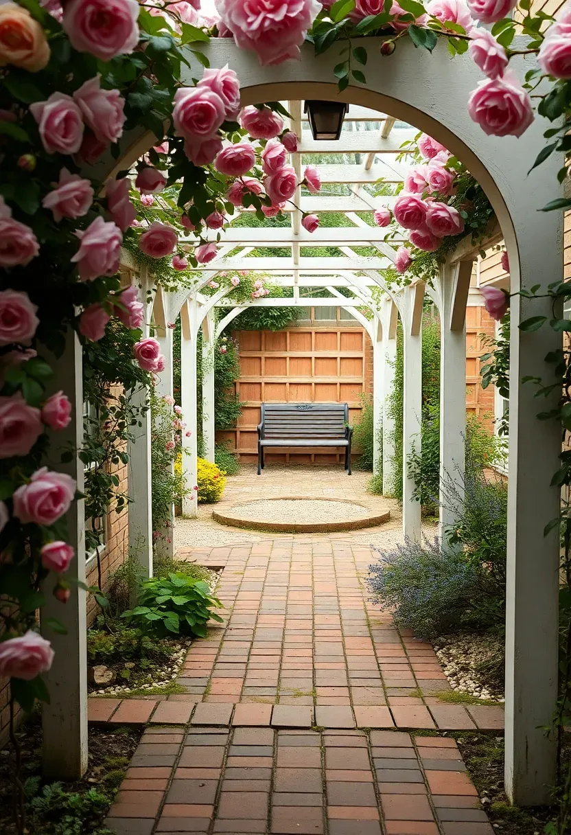 Cottage-style backyard with multiple small garden rooms divided by arched trellises covered in climbing roses and brick pathways connecting each room