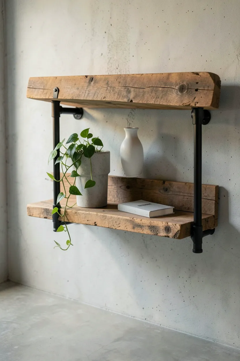 Reclaimed wood floating shelves mounted with black iron pipe brackets at varying heights on a white wall, styled with small plants, ceramics, and books in a minimalist living room