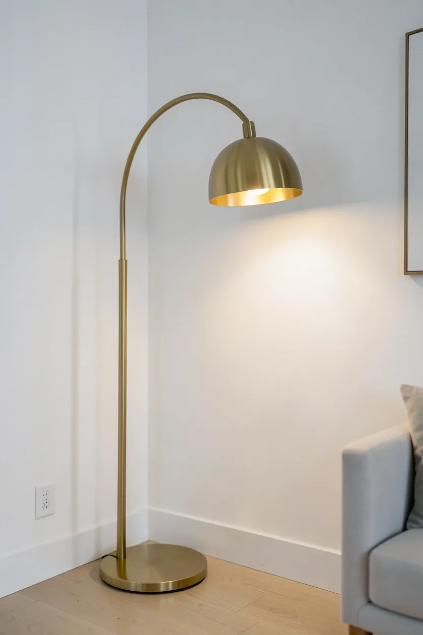 Sleek arc floor lamp with a matte white shade casting warm light beside a minimal sofa in a modern apartment