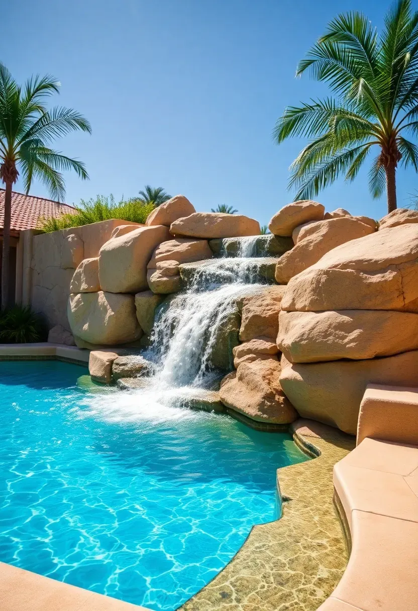 Swimming pool with a natural rock waterfall built into the far end, water cascading over stacked boulders into the turquoise pool
