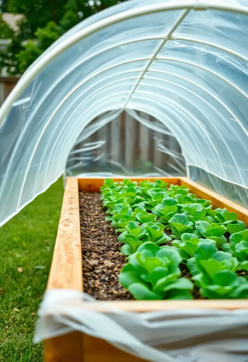 Raised garden bed with a lightweight arched greenhouse frame and clear plastic sheeting over it, protecting leafy greens from cold weather in a residential garden