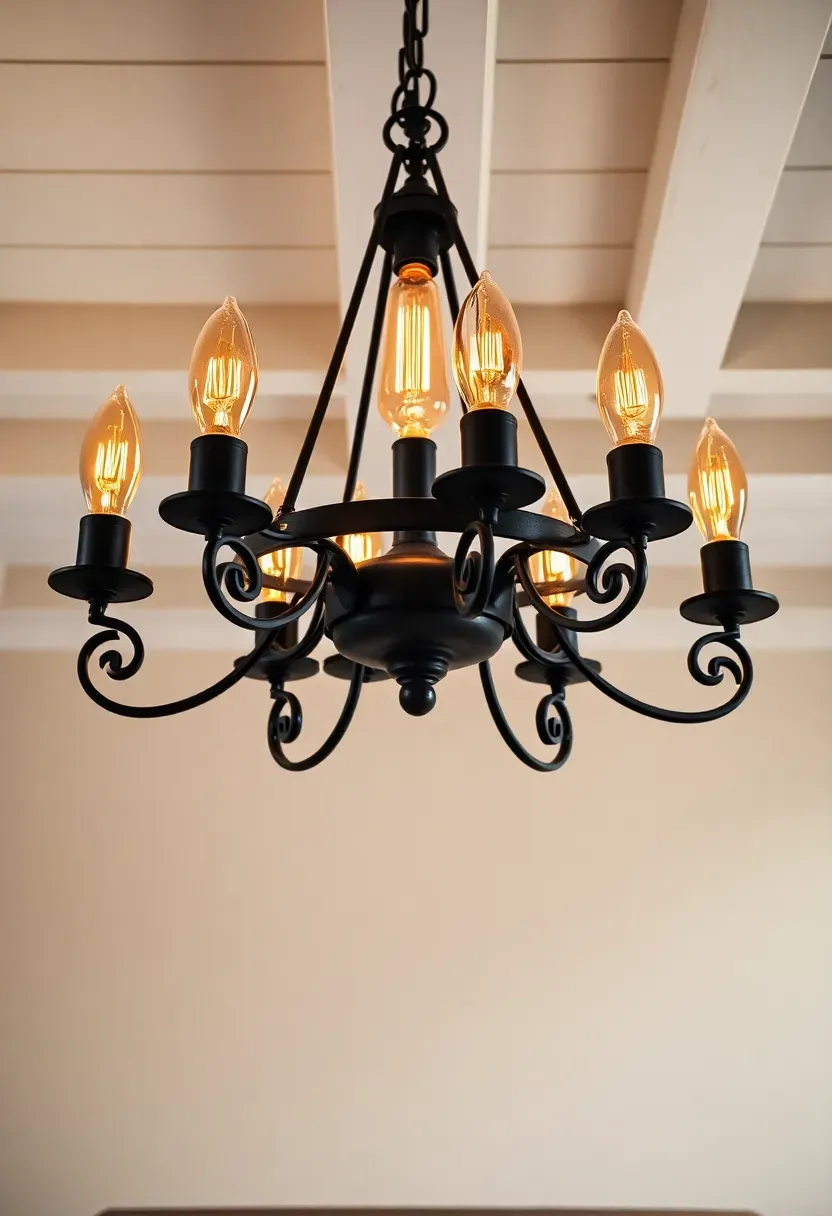 Large wrought iron chandelier with Edison bulbs hanging over farmhouse dining table