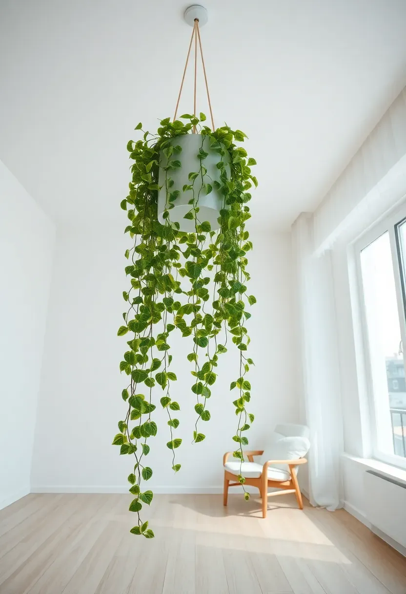 Hyper-realistic upward angle view of minimalist living room showing single large hanging plant from white ceiling. Golden pothos in white cylindrical vessel, trailing 5 feet down with lush variegated vines. Plant creates living curtain effect. Below: empty light wood floor, reading chair with white cushion, small side table. White walls, large window with soft light. Abundant negative space around hanging plant. Materials: matte white hanging vessel, heart-shaped variegated leaves cascading. Bright natural light from window filters through leaves. Airy minimalist mood where single dramatic trailing plant brings greenery to upper room volume.</p>