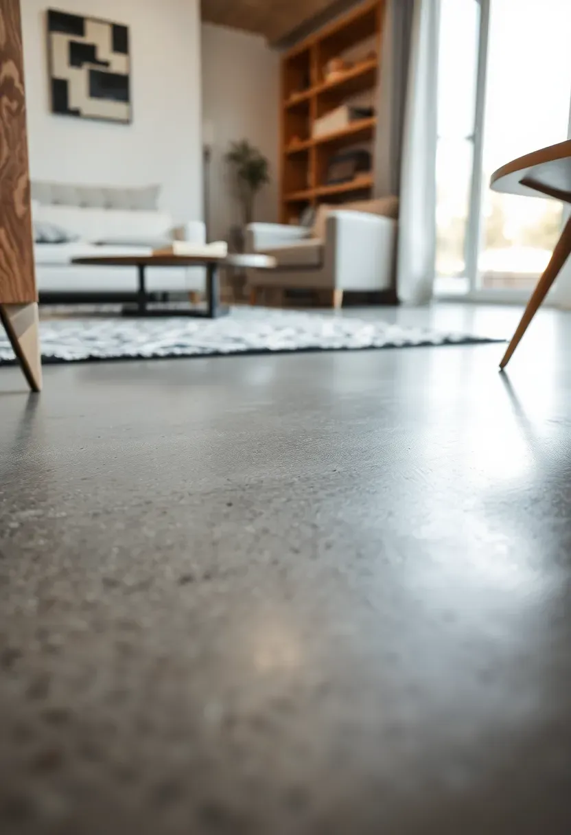 Hyper-realistic detail view of polished concrete flooring in modern tiny house living area. Materials: medium-gray polished concrete with subtle aggregate, area rug, modern furniture legs. Natural daylight from window, creating subtle reflections and shadows. Clean modern composition showing floor continuity across space. Focus on surface texture and reflectivity. Shallow depth of field. No text, no logos, architectural detail photography style.</p>