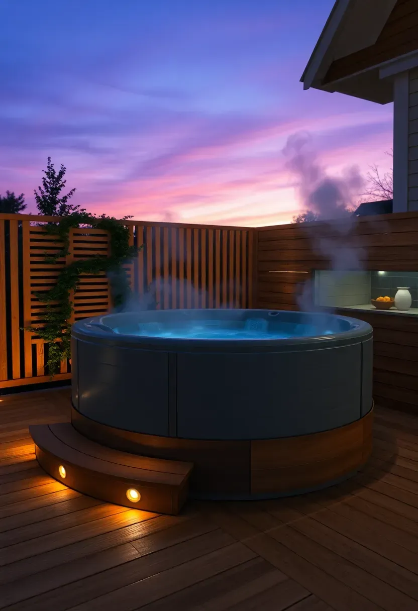 Reinforced wooden deck platform supporting a bubbling hot tub, privacy screen with climbing plants, and ambient step lighting at twilight