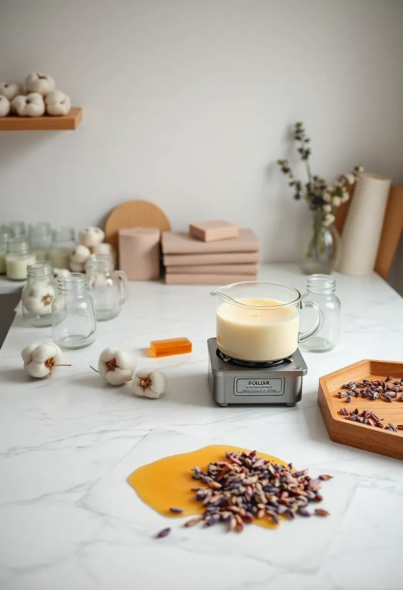 She shed candle and soap making studio with white marble countertop, glass pouring pitchers, melting pot on burner, cotton wicks, and maple tray of dried botanicals for embedding