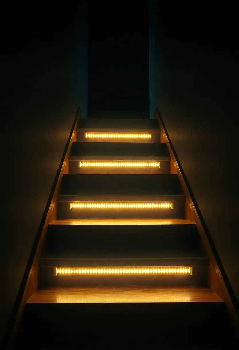 Dark basement stairway illuminated by warm white LED strip lights installed under the nose of each tread casting a soft glow on each step