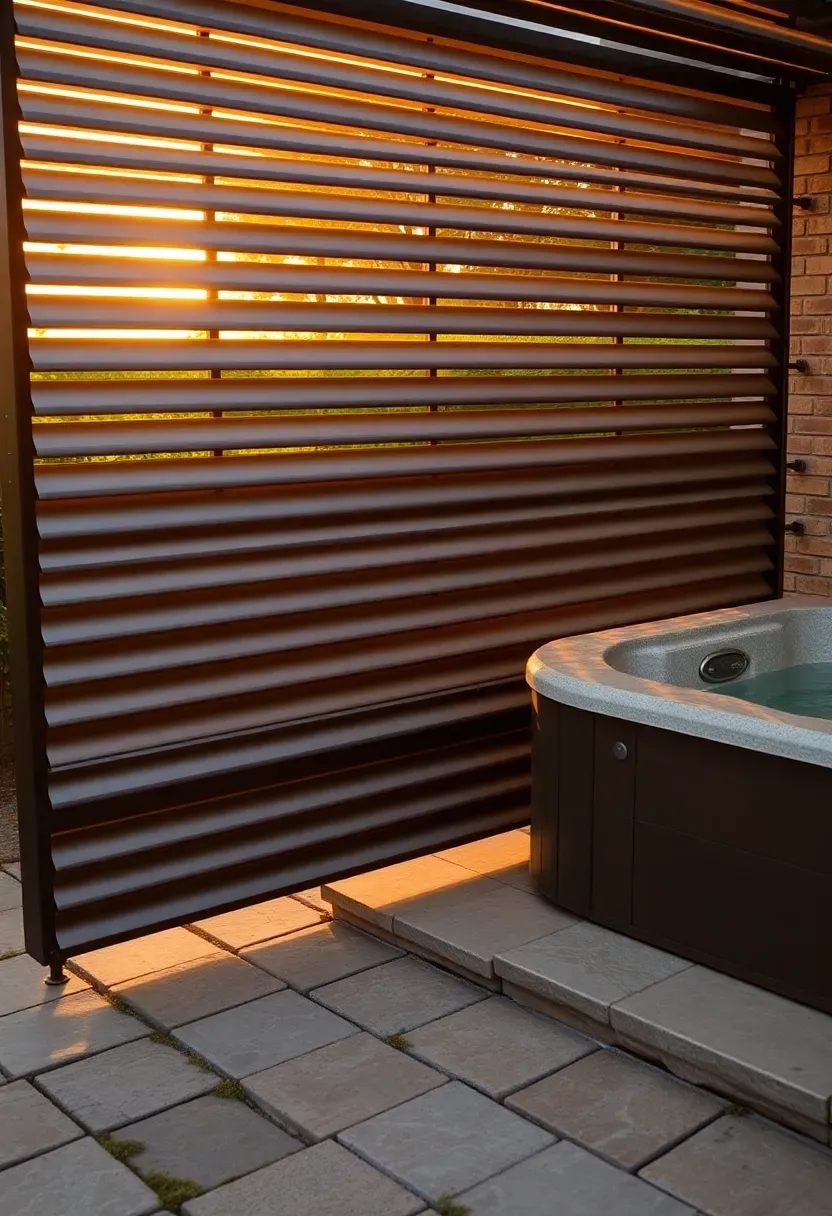 An adjustable louvered privacy screen made of painted aluminum slats angled partially open next to a hot tub on a flagstone patio with evening light filtering through