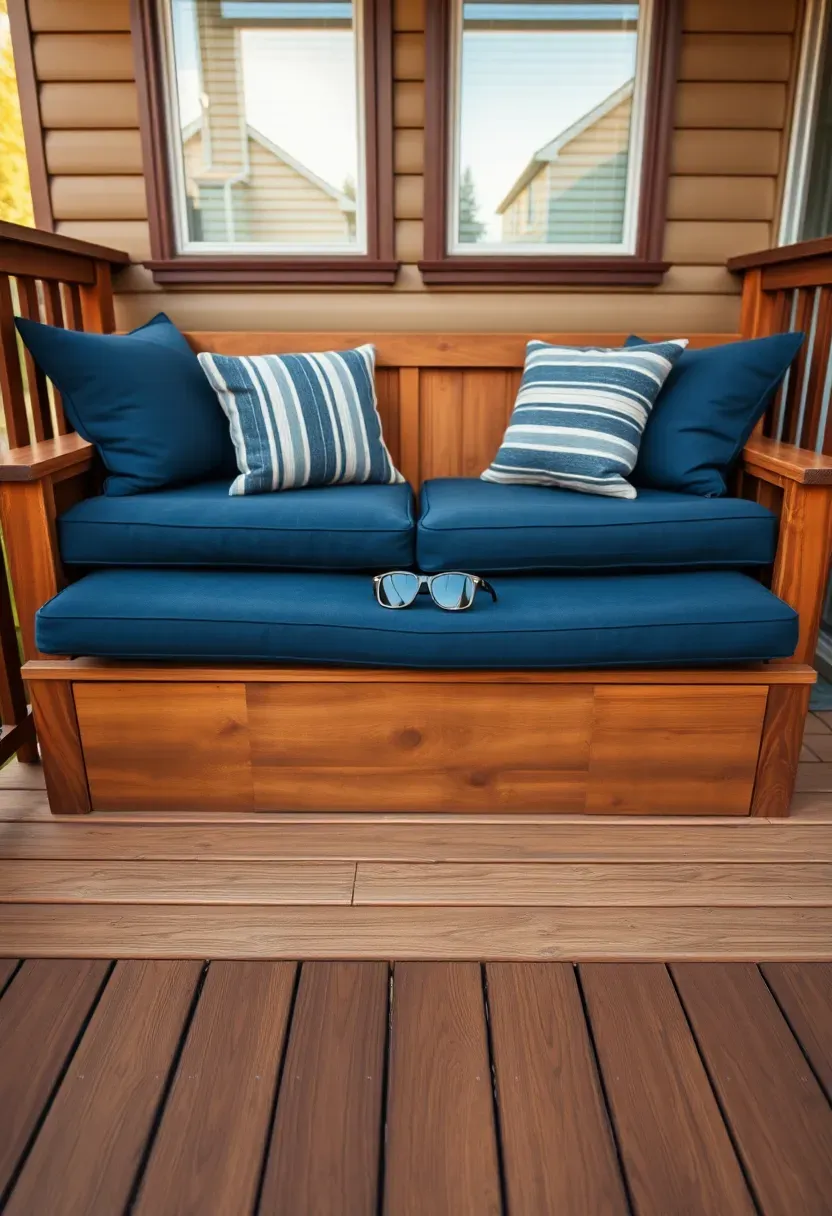 Two-level deck with a wide built-in wooden bench running along the transition step between the upper and lower platforms with cushions and throw pillows