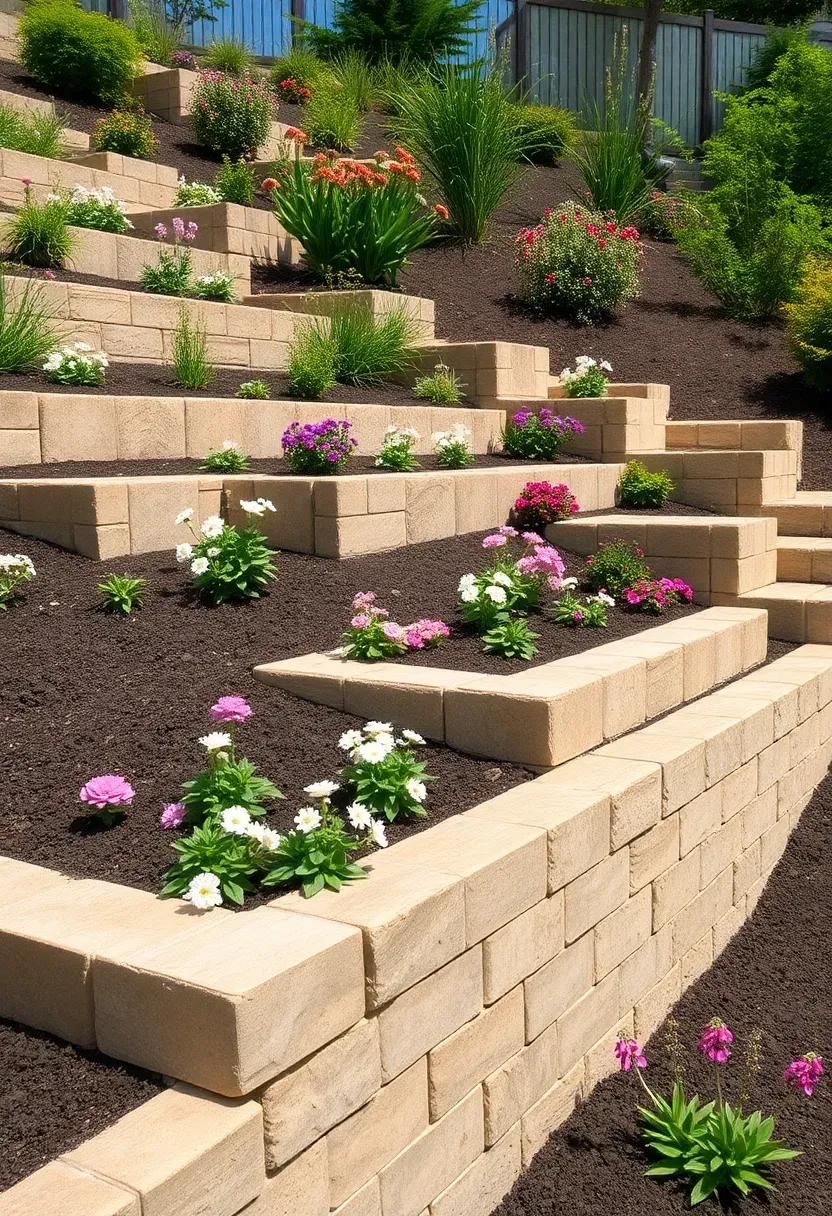 Three-tier limestone block retaining wall system creating flat garden terraces with perennial plantings on a steep backyard hillside