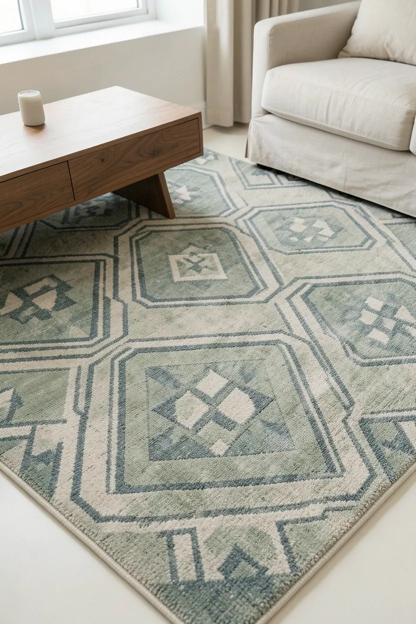Muted sage green and dusty blue geometric rug under a mid-century coffee table in a small apartment living room