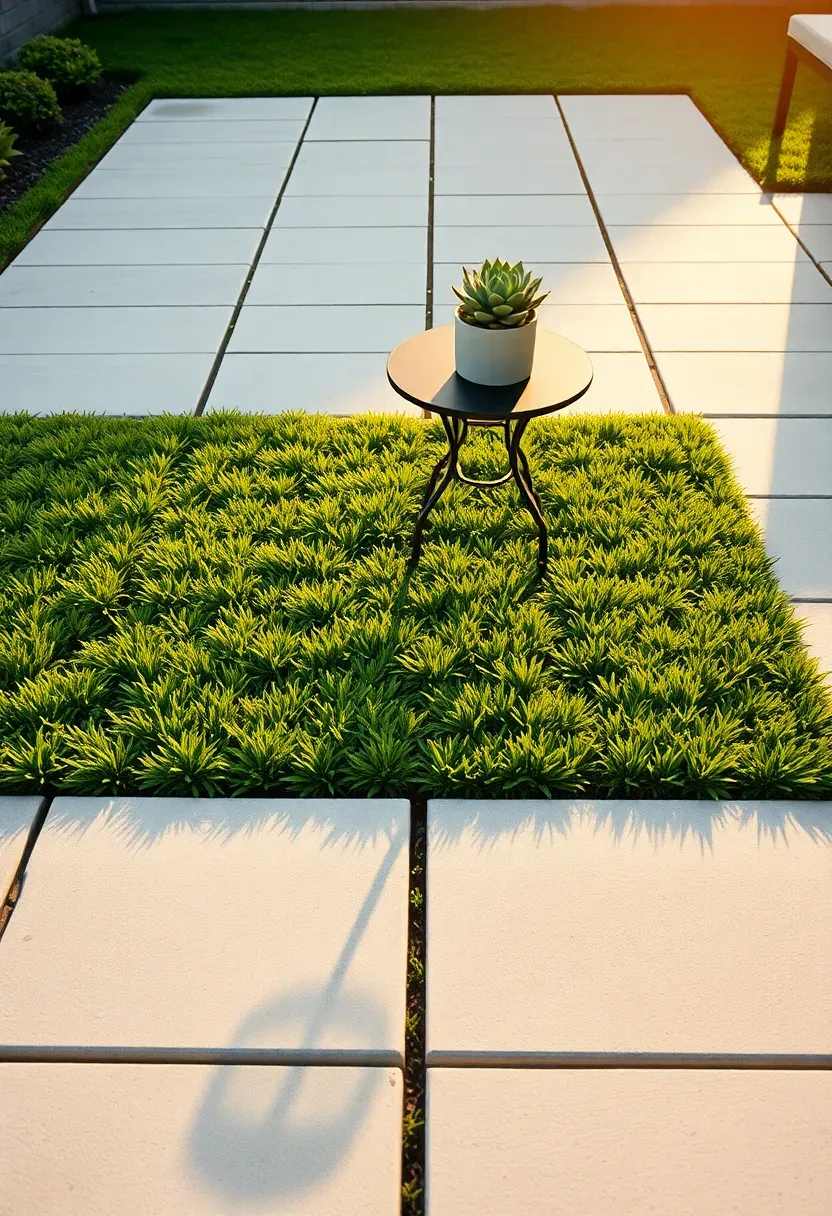 Geometric backyard patio with large square concrete pavers set in a grid with grass or ground cover growing in the gaps between pavers