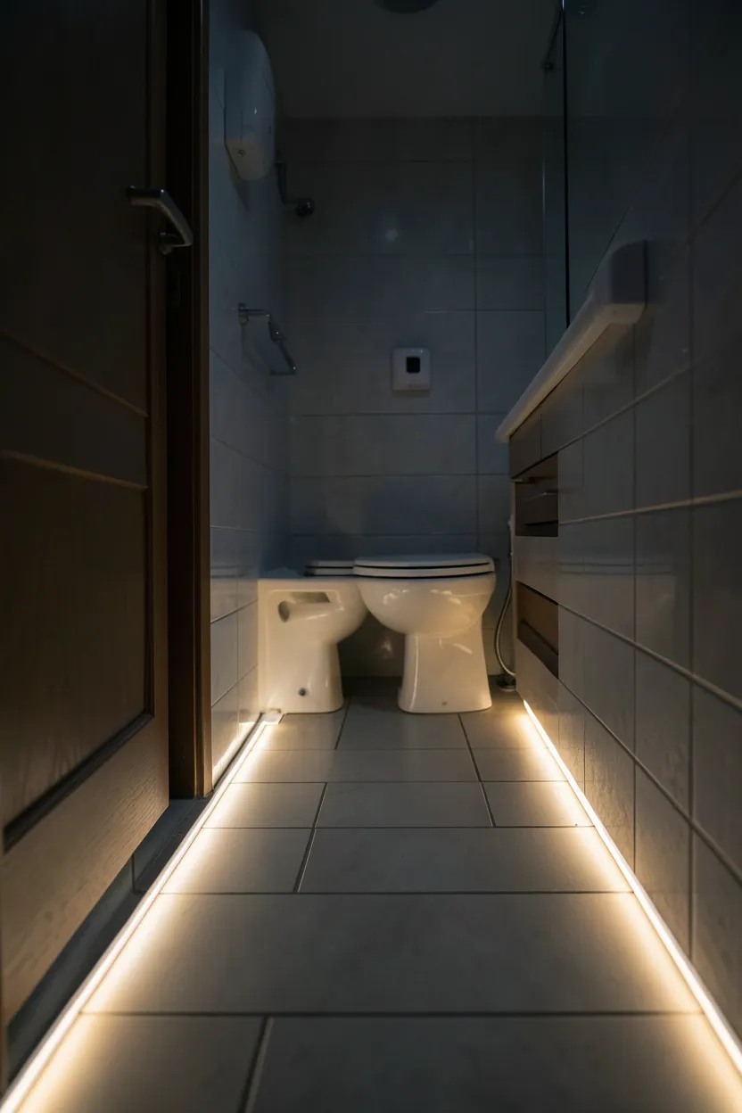 Soft warm LED strip lights glowing along bathroom floor creating a magical nighttime pathway for safe family use